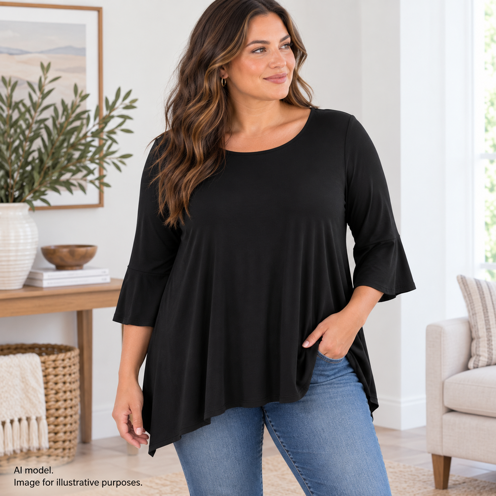 Chicos Tunic Top Womens XL Black Touch of Cool Asymmetrical Hem Long Sleeve TAGS